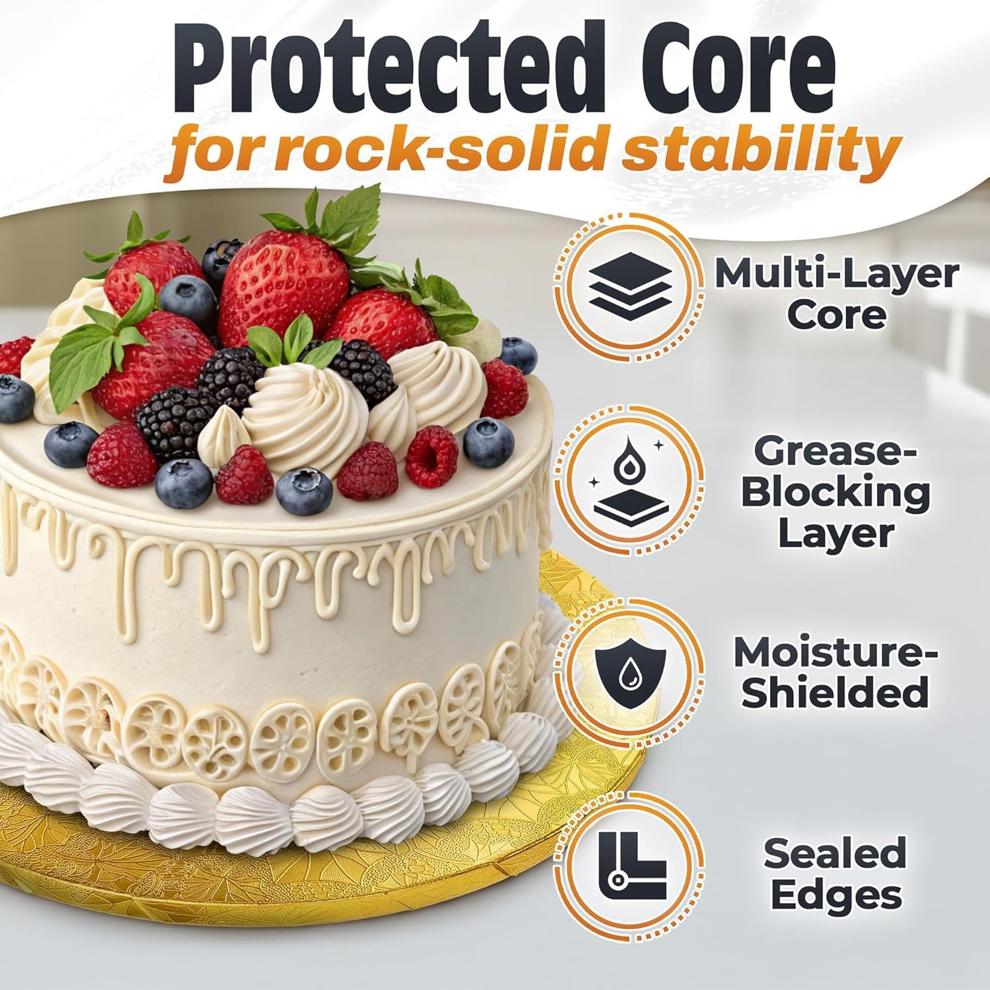 12 Inch Cake Drum, Black Cake Board for Picture-Ready Celebration Cakes, 1/2 Inch Thick Round Cardboard Base with Grease & Moisture Resistant Surface and Decorative Pattern for Parties and Weddings