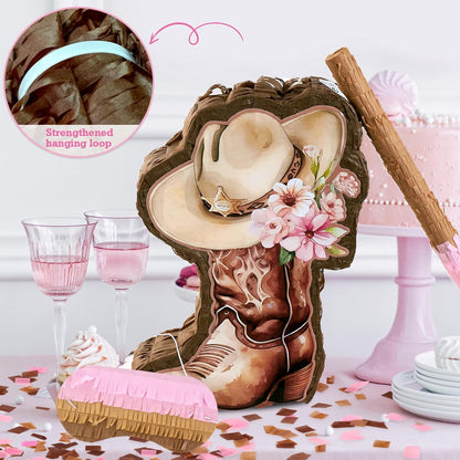 Pink Cowgirl Boot Piñata Set with Bat and Blindfold, 15.7 x 11 in Western Cowgirl Birthday Party Decorations, Girls Theme Party Piñata for Candy & Treats