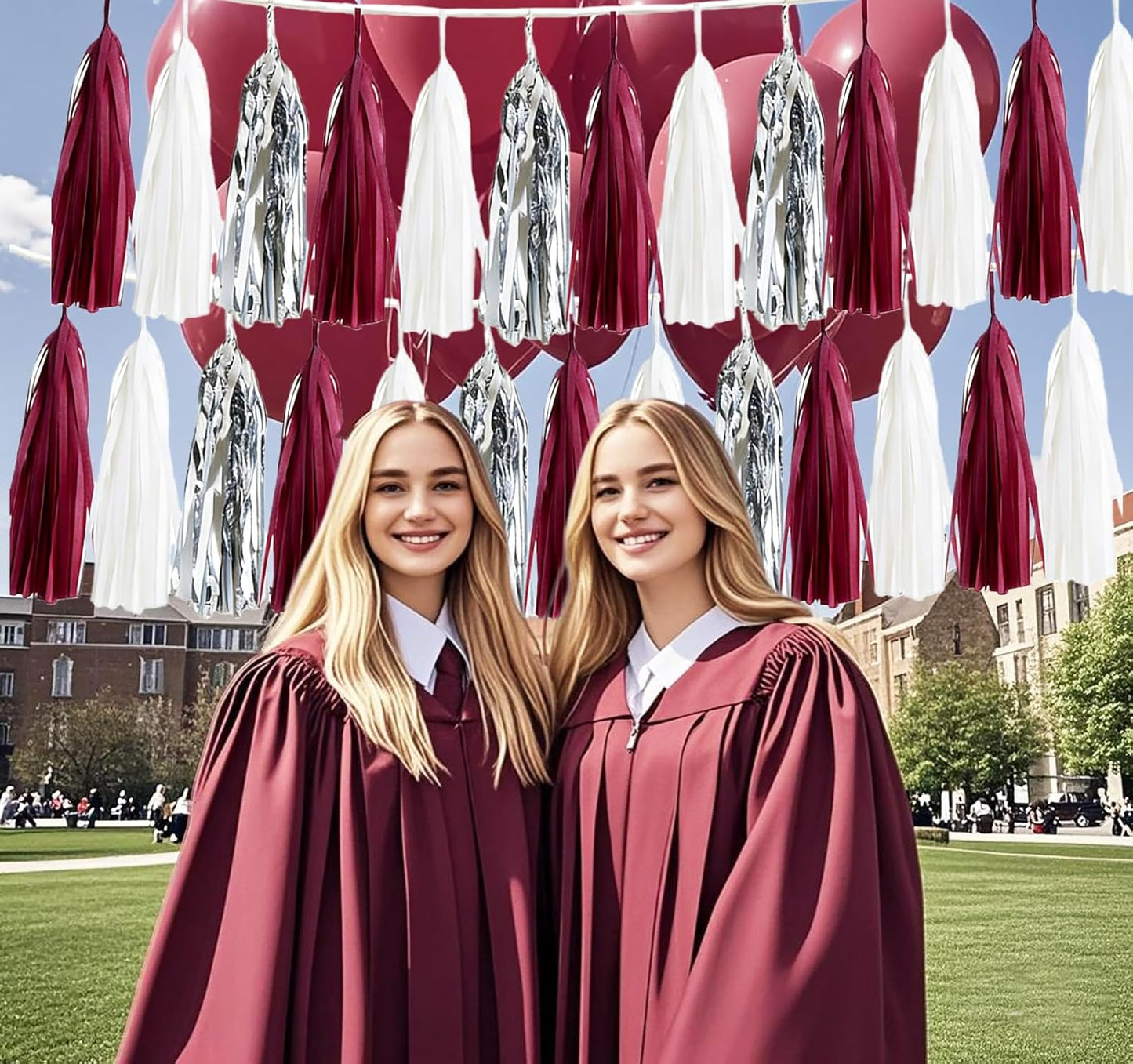 Graduation Decorations Maroon White 2026/Maroon Graduation Party Decorations Silver Tissue Paper Tassel Garlands, Burgundy White Party Garlands for Wedding, Burgundy Silver Birthday Decor