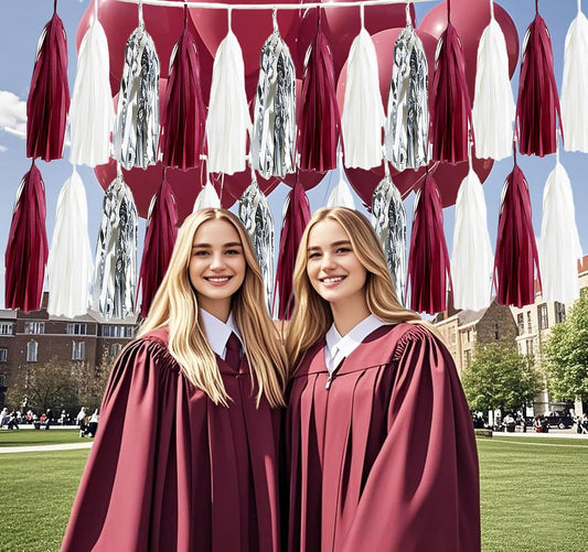 Graduation Decorations Maroon White 2026/Maroon Graduation Party Decorations Silver Tissue Paper Tassel Garlands, Burgundy White Party Garlands for Wedding, Burgundy Silver Birthday Decor