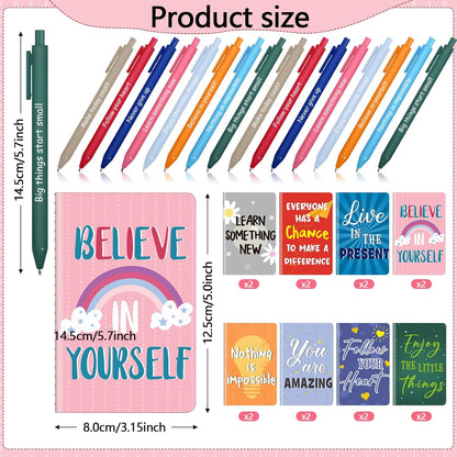 Funrous 32 Pcs Motivational Quote Pens Inspirational Notepads Mini Journal with Ballpoint Pen Small Notebooks Gift for Men Women Coworker Adult Party Favors Prize Teacher Student Office(Stylish)