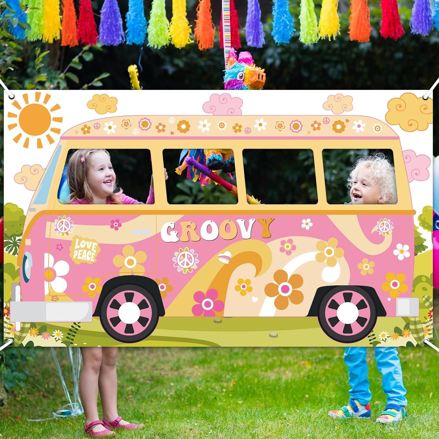 Hippie Bus Photo Prop Groovy Birthday Party Decorations Large Fabric Groovy Van Prop Hippie Selfie Frame Backdrop Background Banner Birthday Supplies Retro Daisy 60s 70s Party Favors 65.8 x 35.4 Inch