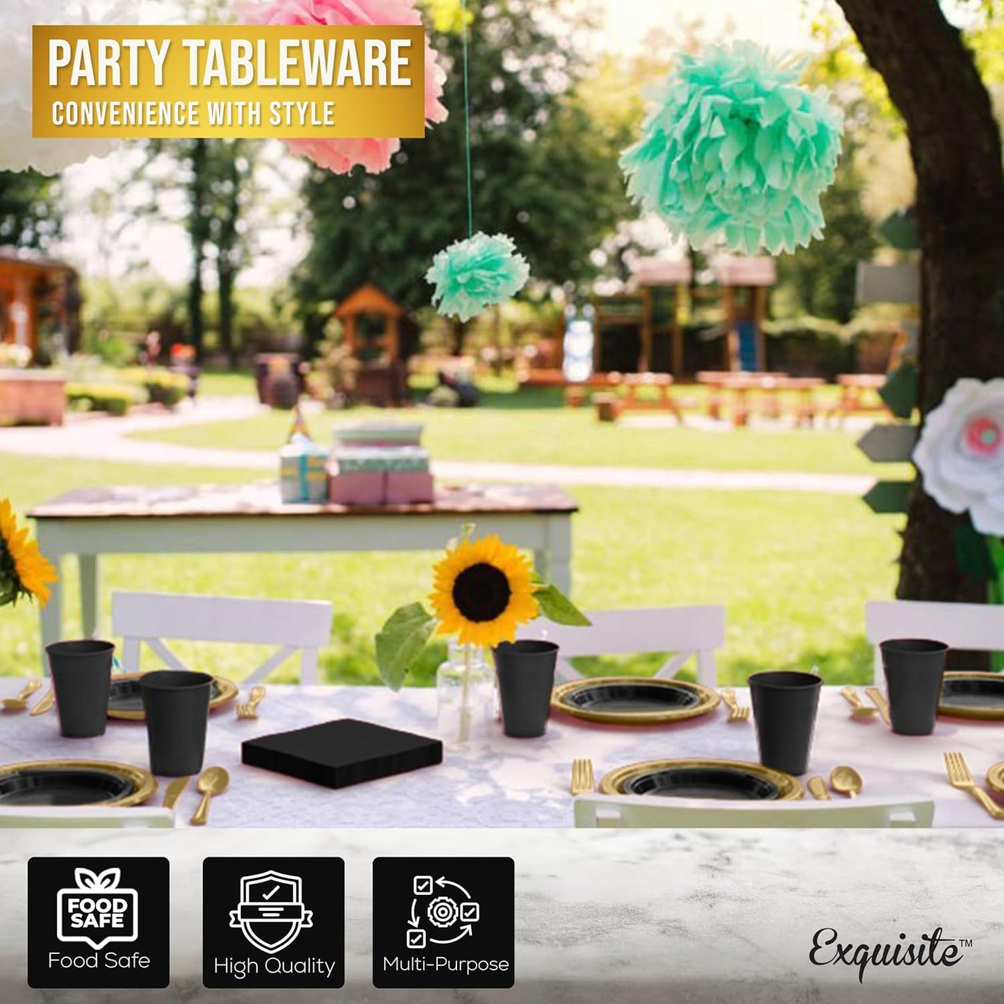 350 Pcs Black Plastic Plates For Party, Black Disposable Plates Set, 50 Of Each 9" Dinner Plate Set, 7" Dessert Plate, Cups, Napkins & Cutlery Plastic Dinnerware Set Exquisite