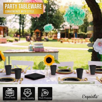 350 Pcs Black Plastic Plates For Party, Black Disposable Plates Set, 50 Of Each 9" Dinner Plate Set, 7" Dessert Plate, Cups, Napkins & Cutlery Plastic Dinnerware Set Exquisite
