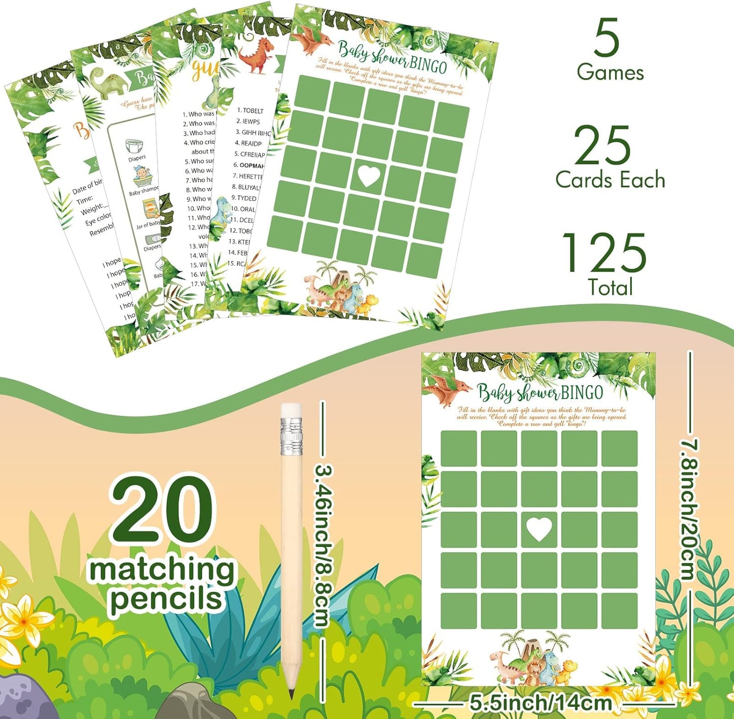 Yinder 145 Pcs Baby Shower Games Activities Cards with 20 Pencils Includes Baby Bingo Description and Wishes Guess Who Price is Right Word Scramble Game(Here Comes the Son)