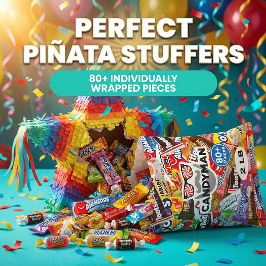 CANDYMAN Bulk Candy Variety Pack - 80+ Pieces, 2 LB Individually Wrapped Chocolate & Candy Mix, Father's Day, Fillers, Piñata Stuffers, Party Favors, Goodie Bags, Father's Day, Ship with Ice