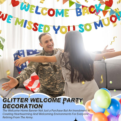 Fulmoon Pre Strung Welcome Back We Missed You So Much Banner, NO DIY, Glitter Welcome Home Celebration Decorations Family Gathering, Back to School, Military Homecoming Decoration(Dark Blue)