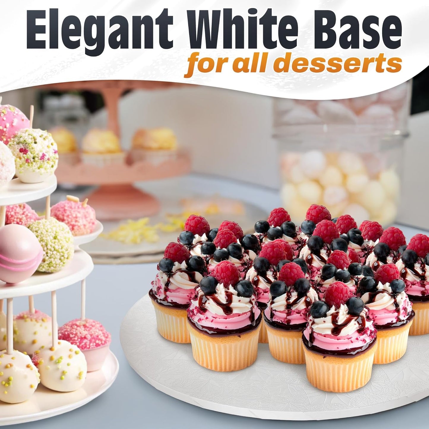 12 Inch Cake Drum, Black Cake Board for Picture-Ready Celebration Cakes, 1/2 Inch Thick Round Cardboard Base with Grease & Moisture Resistant Surface and Decorative Pattern for Parties and Weddings