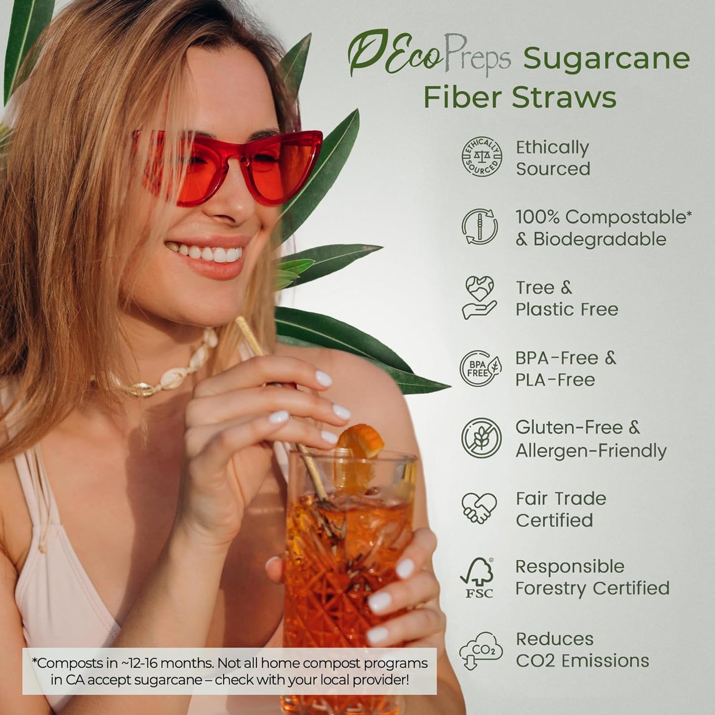 EcoPreps Biodegradable Sugarcane Straws | 150 Count, 100% Compostable, Plastic-Free, & Eco-Friendly Drinking Straw | 7.8'' Sugar Fiber Disposable Straws, Smoothie Straw for Home, Restaurant, Parties