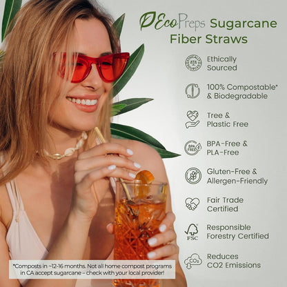 EcoPreps Biodegradable Sugarcane Straws | 150 Count, 100% Compostable, Plastic-Free, & Eco-Friendly Drinking Straw | 7.8'' Sugar Fiber Disposable Straws, Smoothie Straw for Home, Restaurant, Parties