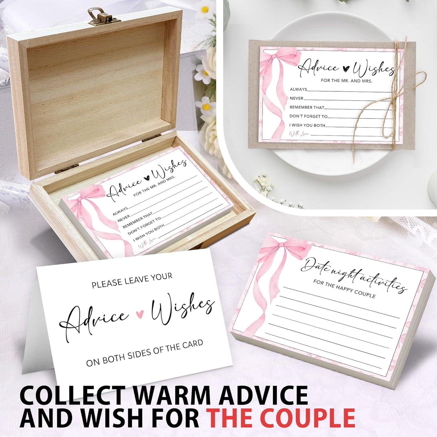Boho Advice and Wishes for the Mr and Mrs - 50 Packs Wedding Advice Cards Bridal Shower Game Cards with Box Reception Guest Book for Bride Groom Newlywed Engagement Party Decoration -A08