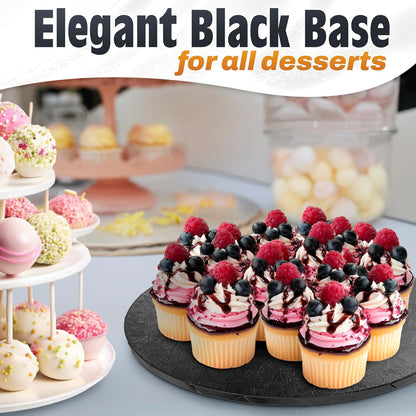 12 Inch Cake Drum, Black Cake Board for Picture-Ready Celebration Cakes, 1/2 Inch Thick Round Cardboard Base with Grease & Moisture Resistant Surface and Decorative Pattern for Parties and Weddings