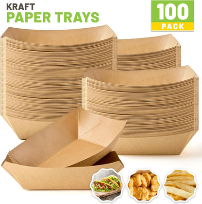 ZORRITA 3 Lb Paper Food Trays - 50 Pack Disposable Nacho Trays, Kraft Paper Food Boats Taco Holders Party Serving Baskets for Hot Dogs Snacks Tacos Fries