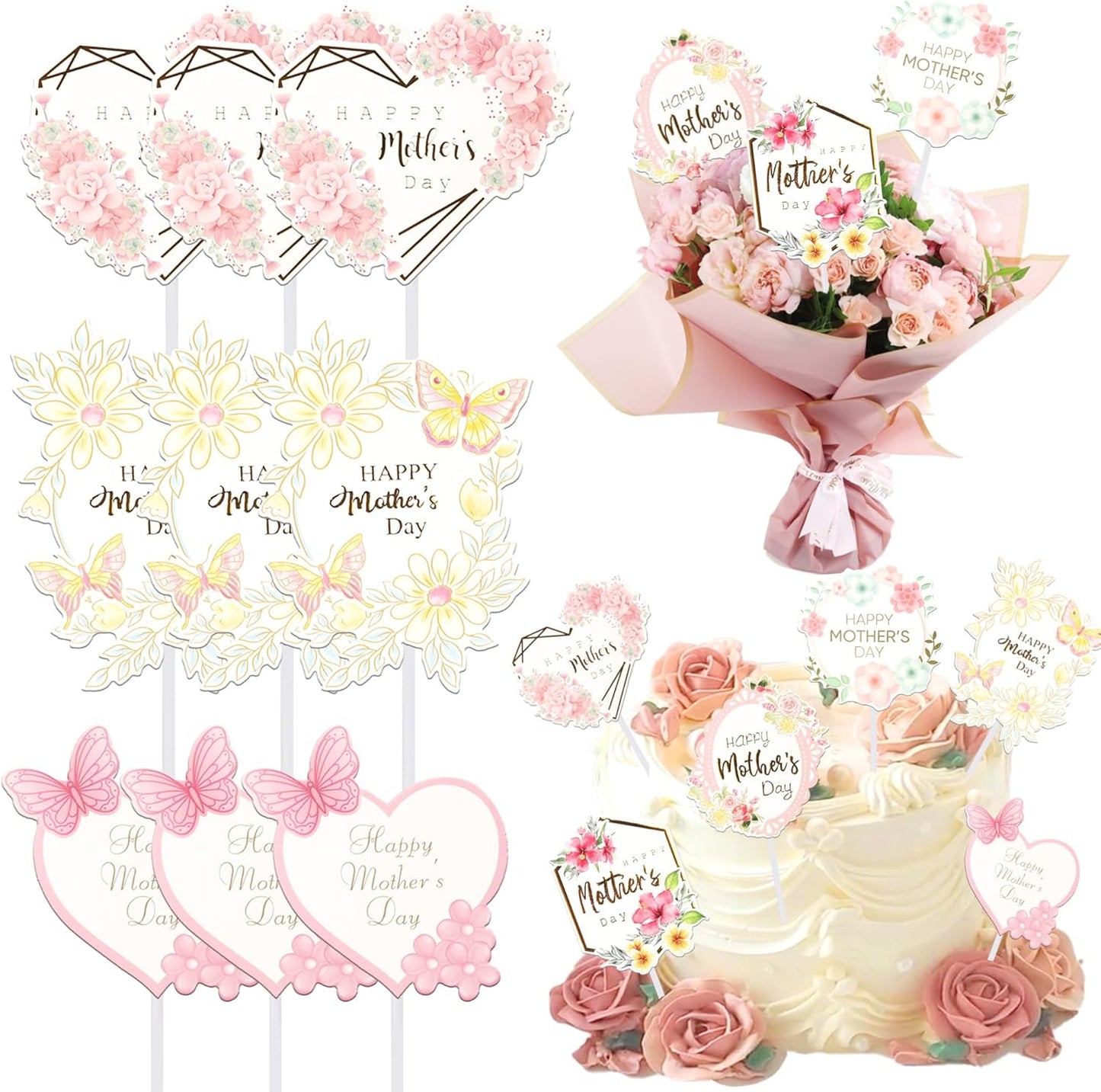 24 PCS Happy Mother's Day Cupcake Toppers with Glitter Heart Love Mother Best Mom Cupcake Picks for Happy Mother's Day Theme Women Birthday Party Cake Decorations Supplies Rose Gold
