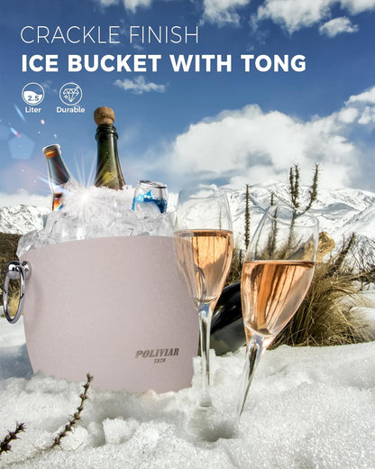 POLIVIAR Ice Bucket, 2.5L Double Wall Ice Bucket with Lid, Stainless Steel Ice Bucket with Tong & Strainer, Ice Bucket for Cocktail Bar, Home & Parties, JX2023-IBLU