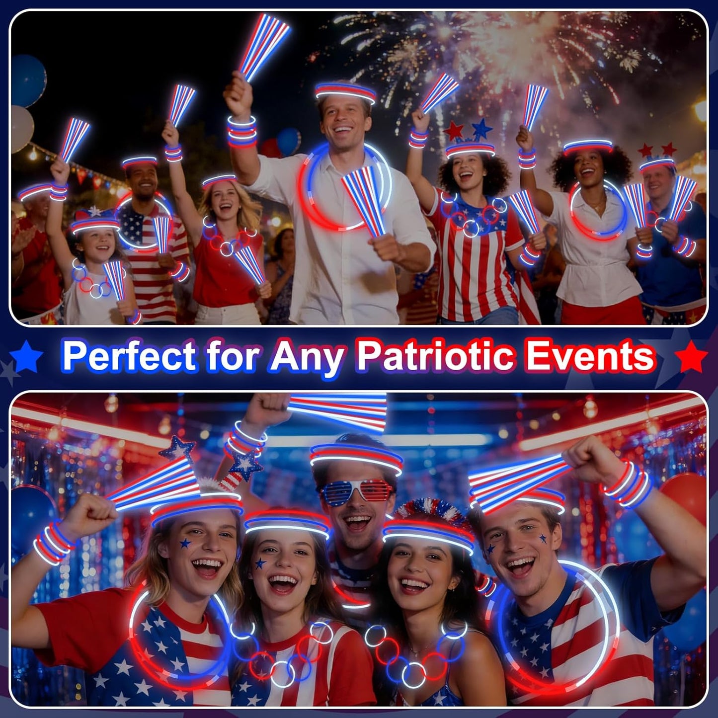 200 Pack 4th of July Glow Sticks Party Favors with Connectors,Patriotic Red White Blue Glow Stick Bracelets Nacklaces Glow in the Dark Party Accessories Memorial Day Decorations,250th Anniversary USA