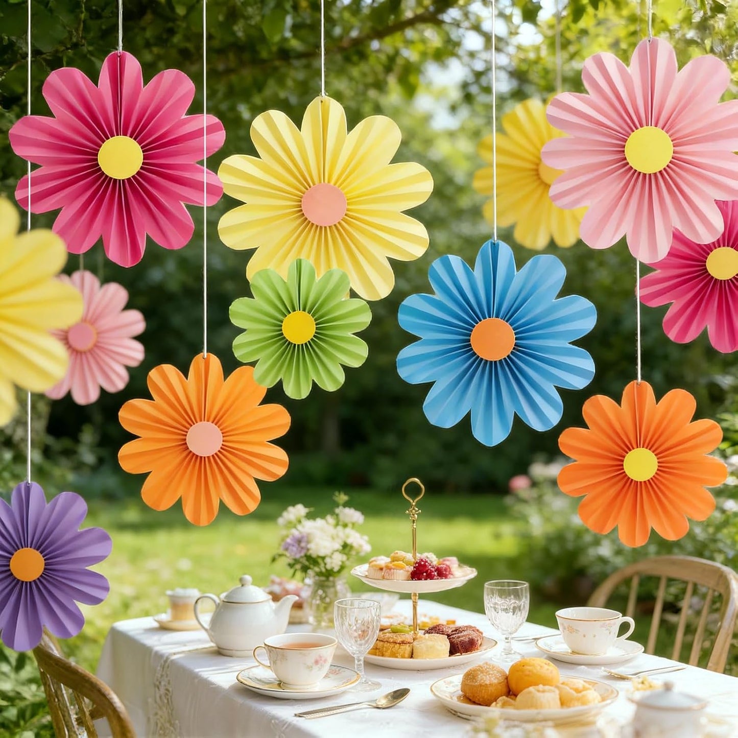 PAPER JAZZ Paper Flowers with Paper Fan Boho Hanging Decor Artificial Flowers Decorations for Wall Pink and Orange Party Decorations for Classroom, Beach Party, Summer Birthday Party Pack of 11.