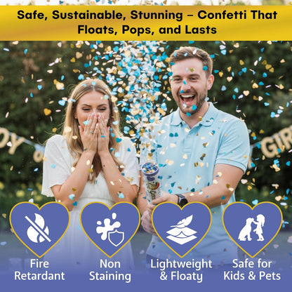 2 Pack Blue Heart-Shaped Confetti Poppers for Baby Gender Reveal | Blue Paper and gold mylar Baby Boy Party Supplies