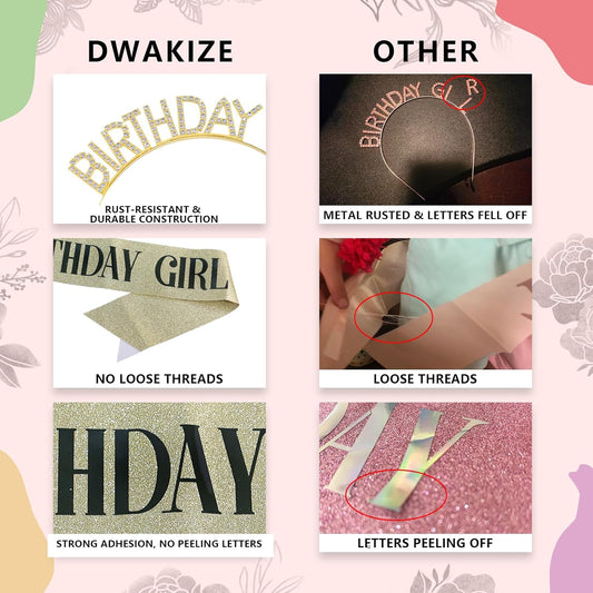 Birthday Sash and Crown Set for Women – Pink Glitter Birthday Girl Sash with Rhinestone Tiara Headband for Party Celebration Gift