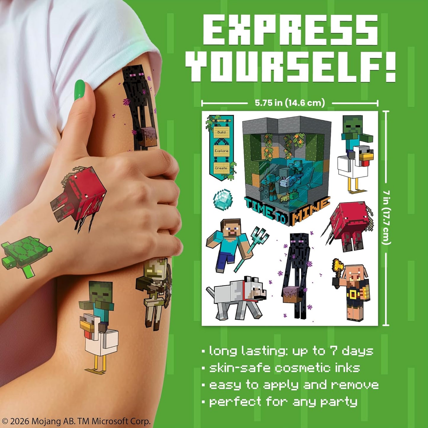 Minecraft Temporary Tattoos for Kids (50 pack). Made in the USA w Certified Safe Ink. Birthday Party Supplies and Party Favors Kit. Bulk Temporary Tattoos Stickers Set for Girls and Boys