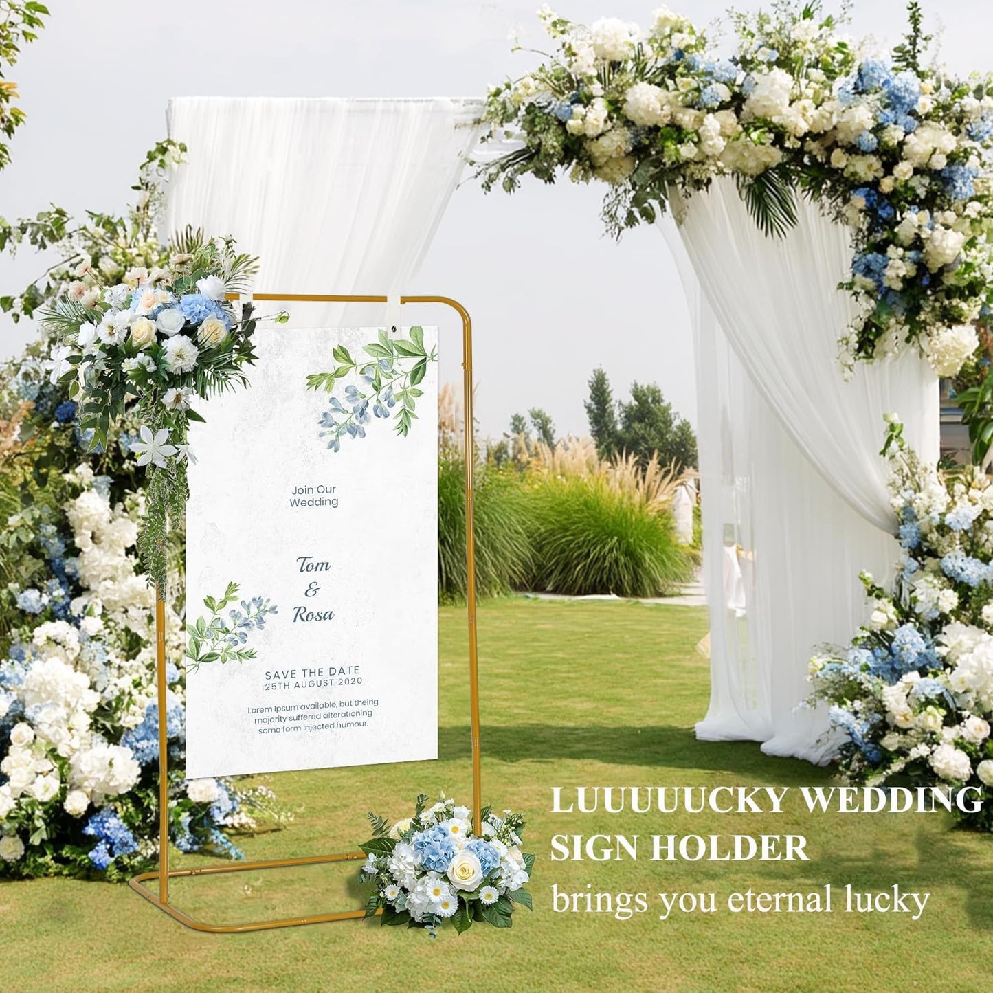 Sign holder, Adjustable Wedding Sign Holder, Welcome Sign Stand With Leather Sign Hanging Straps, 71”x31”x 20” Heavy Duty Ease Sign Stand for Wedding, Bridal Shower, Birthday Party, Baby Shower or Any Event (Gold, M)