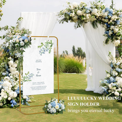 Sign holder, Adjustable Wedding Sign Holder, Welcome Sign Stand With Leather Sign Hanging Straps, 71”x31”x 20” Heavy Duty Ease Sign Stand for Wedding, Bridal Shower, Birthday Party, Baby Shower or Any Event (Gold, M)