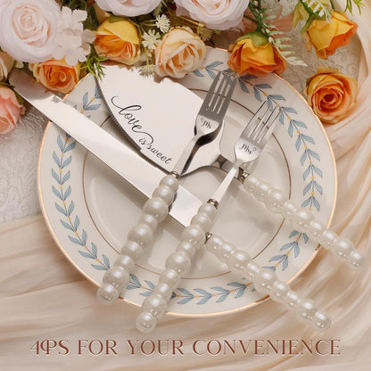 Pearl Wedding Cake Knife and Server Set with Forks, Cake Cutting Set with Stainless Steel Serrated Edges, Silver Pie Cutter Pizza Spatula, Gift for Bridal Couples Engagement (Mr & Mrs)