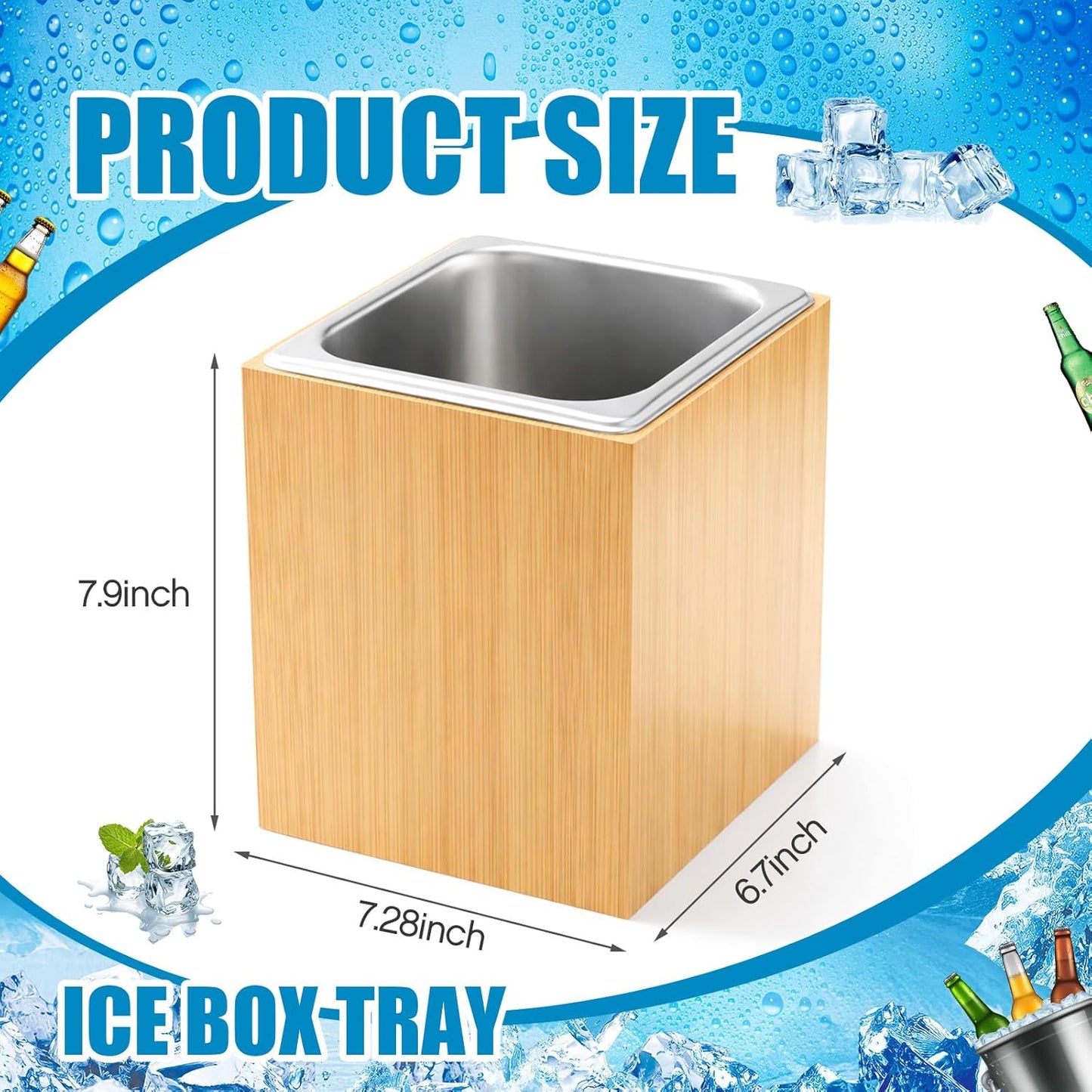 Ice Housing Bin with Removable Tray Ice Holder Container Wine Beer Champagne Drink Bucket Beverage Tub for Freezer Display Buffet Bar Counter Party Drink Chiller(Bamboo and Steel,21" X 13" X 5.5")