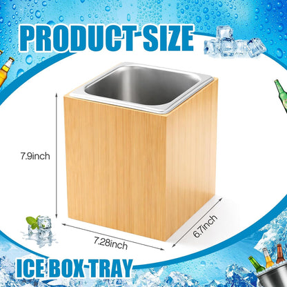 Ice Housing Bin with Removable Tray Ice Holder Container Wine Beer Champagne Drink Bucket Beverage Tub for Freezer Display Buffet Bar Counter Party Drink Chiller(Bamboo and Steel,21" X 13" X 5.5")