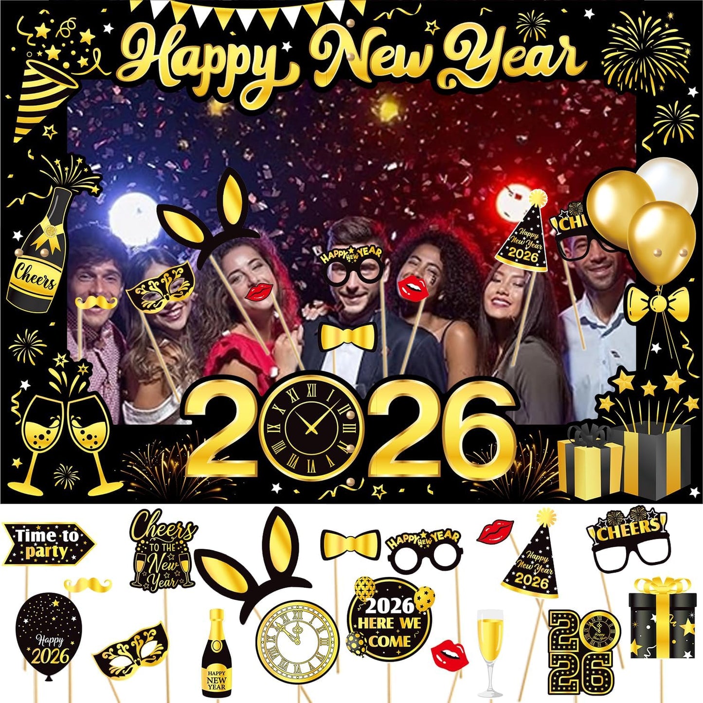 New Years Eve Decorations 2026, Giant Happy New Year Selfie Frame, 18pcs New Year Photo Booth Props, Happy New Year Decorations 2026, Funny New Year Eve Party Supplies 2026