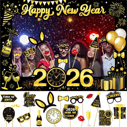 New Years Eve Decorations 2026, Giant Happy New Year Selfie Frame, 18pcs New Year Photo Booth Props, Happy New Year Decorations 2026, Funny New Year Eve Party Supplies 2026