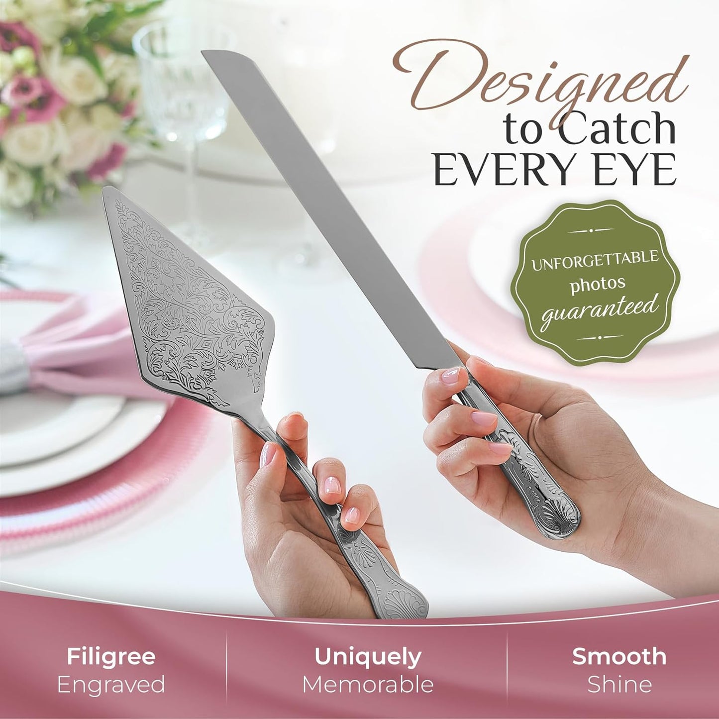 Orblue Wedding Cake Knife and Server Set - Premium, Beautifully Engraved Cutting Set - Elegant Keepsake for Newlyweds - Light Gold