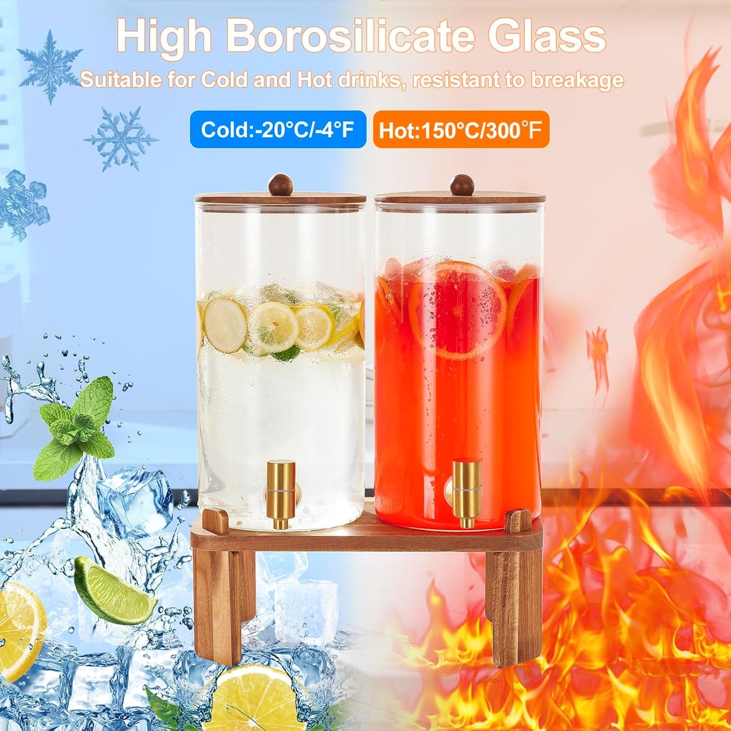 2 PCS 1.5 Gallon Drink dispenser, Glass Beverage Dispenser With Wood Stand, Large Water Drink Dispensers for Parties With Stainless Steel Spigot, Ideal for Lemonade,Juice, Tea, and Party Drinks