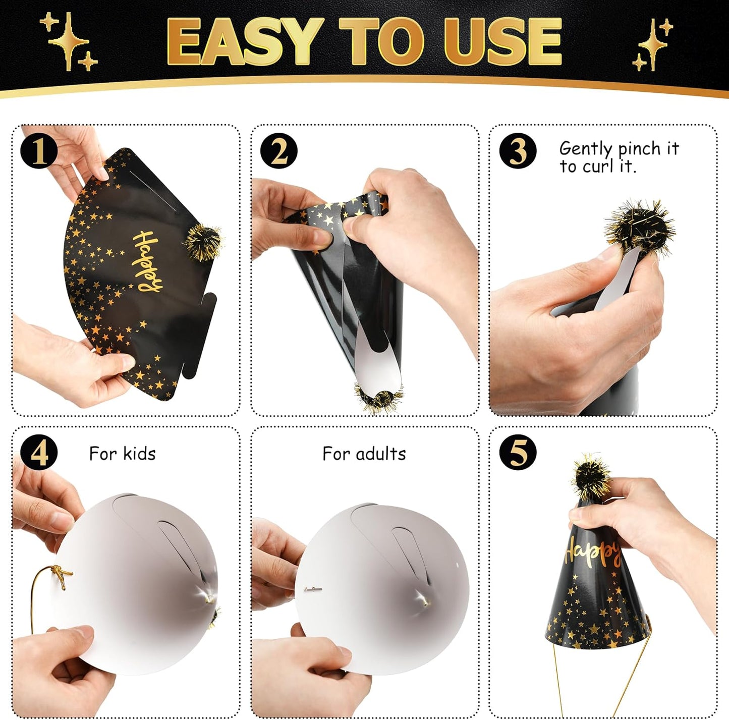 JOYEONDEF 30 Pcs Gold Birthday Party Hats Cone Hats Includes 8 Birthday Paper Hats and 22 Noise Makers