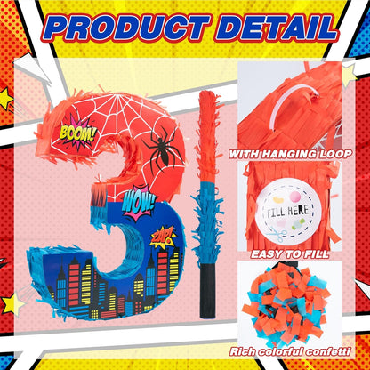 Number 4 Spider Pinata Bundle with 16 Inch Piñata Stick Blindfold Confetti for Hero Birthday Party Decoration Anniversary Celebration Gift Spider Party Favors for Kids, 16 x 11.6 x 2.4 Inch