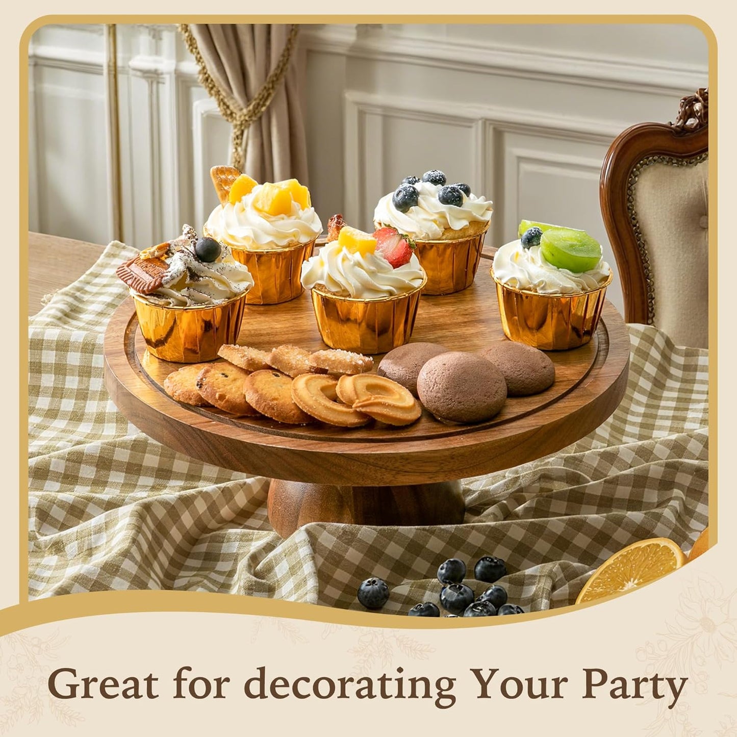 Cake Stand with Lid, 2 In 1 Cake Stand, 12in Round Acrylic Cake Stand with Dome, Acacia Wood Cake Container, Comes with Cake Paper, Perpare for Cake, Dessert, Cookie, No Glass