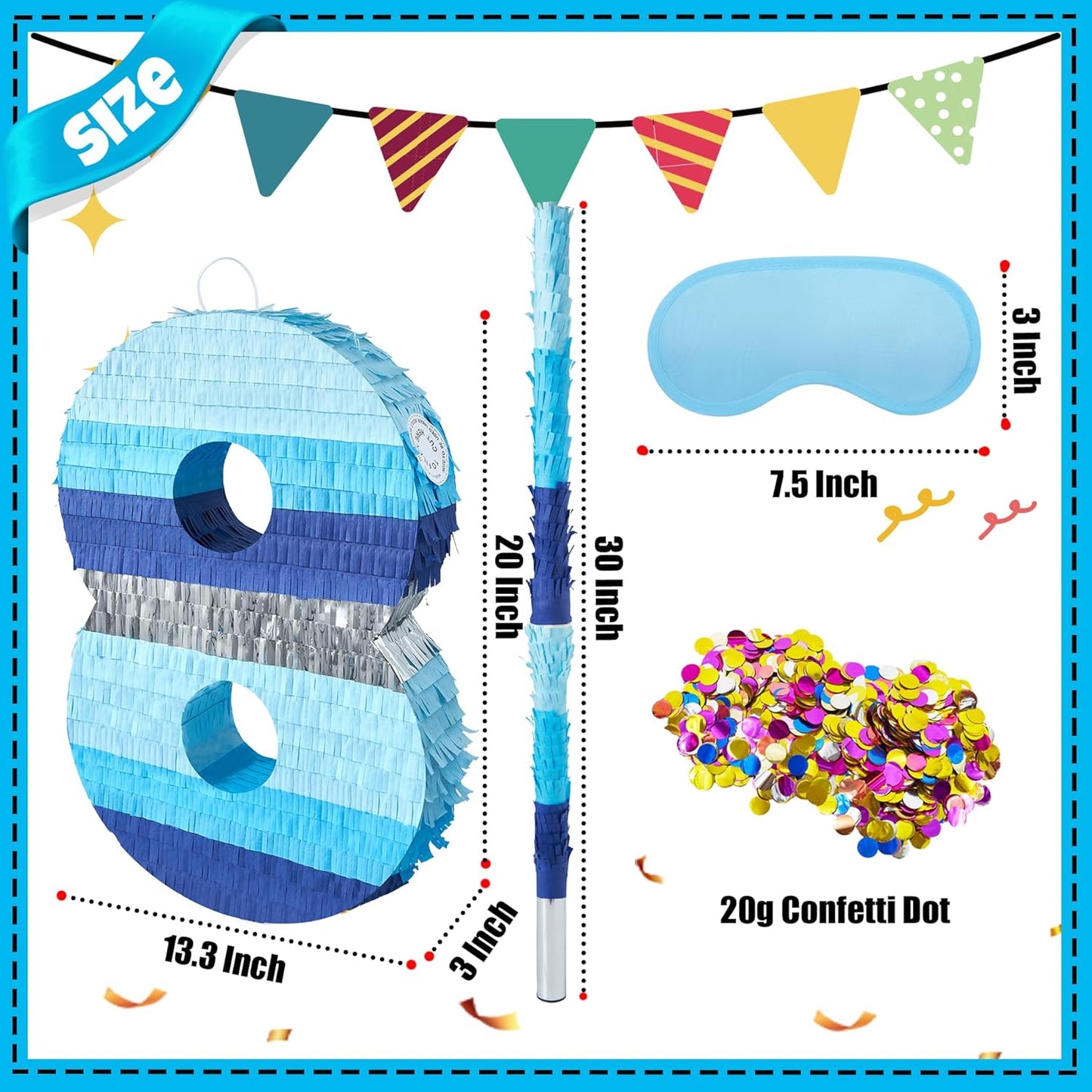 PCFING 20 Inch Number 3 Piñata Blue Silver with 30 Inch Piñata Stick Blindfold Confetti for Boys Girls Adults Birthday Party Decorations, Anniversary Celebration, Fiesta