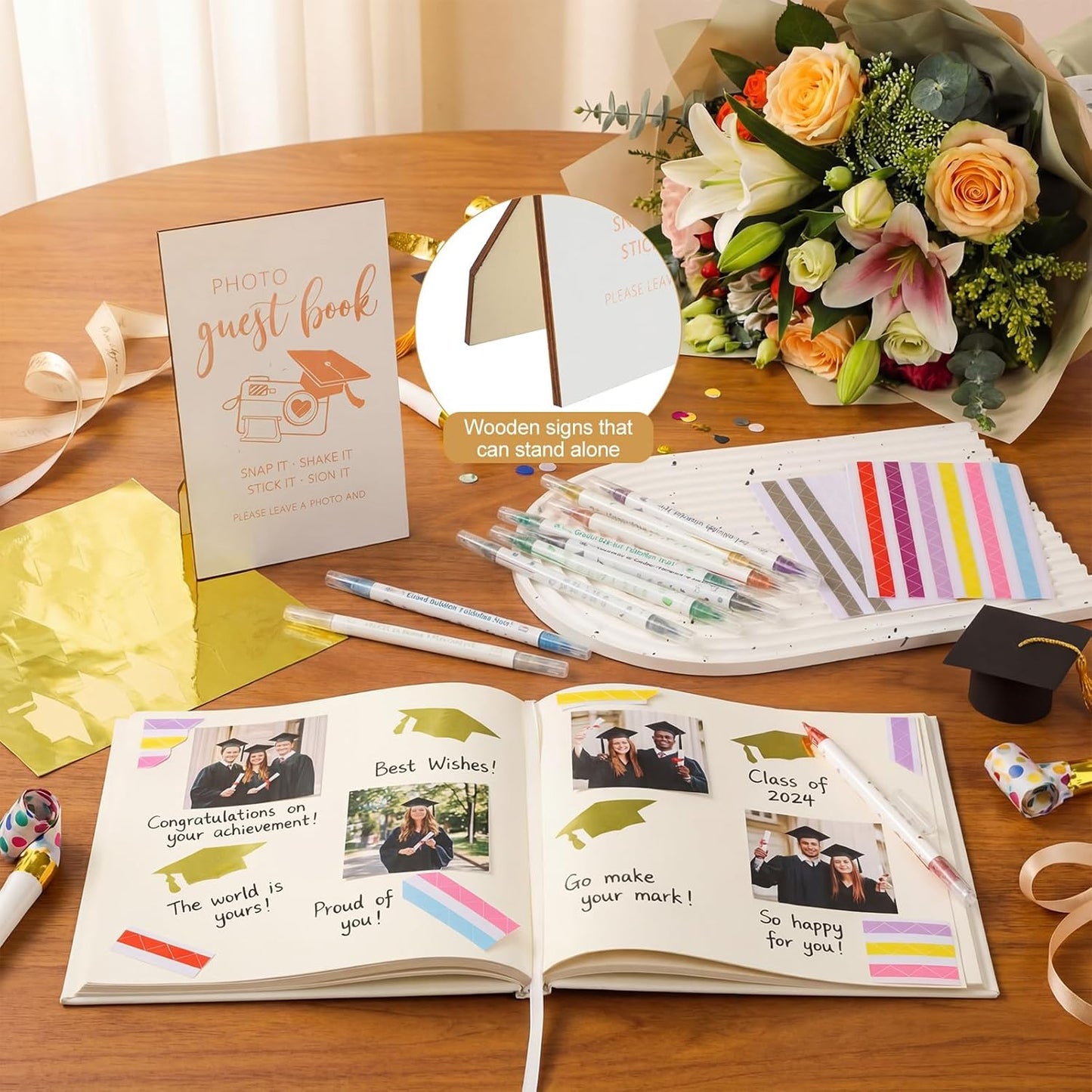 Pajean Graduation Guest Book Set Class of 2026 Memory Scrapbook with Photo Guest Book Sign Dual Tip Pens Photo Corner Stickers Grad Cap Stickers for Grad Party Decorations Supplies Gifts (Black)