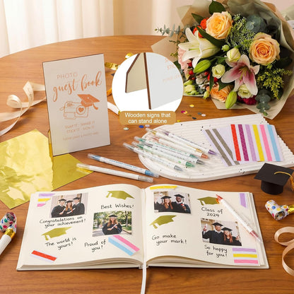 Pajean Graduation Guest Book Set Class of 2026 Memory Scrapbook with Photo Guest Book Sign Dual Tip Pens Photo Corner Stickers Grad Cap Stickers for Grad Party Decorations Supplies Gifts (Black)