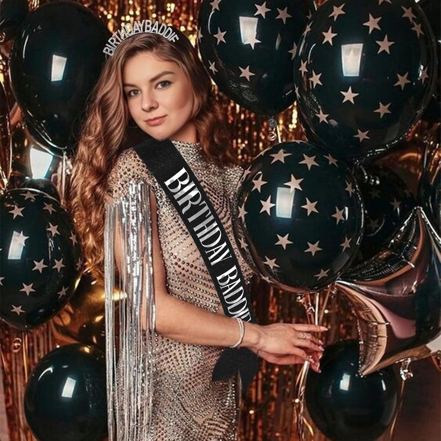 Aprince Birthday Baddie Sash and Tiara Crown for Women Girls Black Gold Happy Birthday Headband Accessiores Party Decorations
