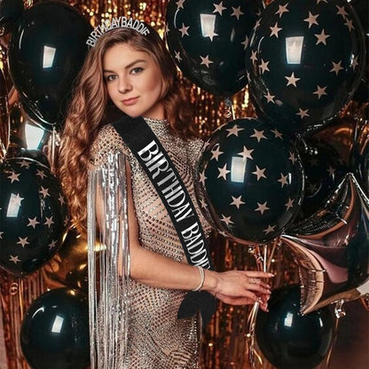 Aprince Birthday Baddie Sash and Tiara Crown for Women Girls Black Gold Happy Birthday Headband Accessiores Party Decorations