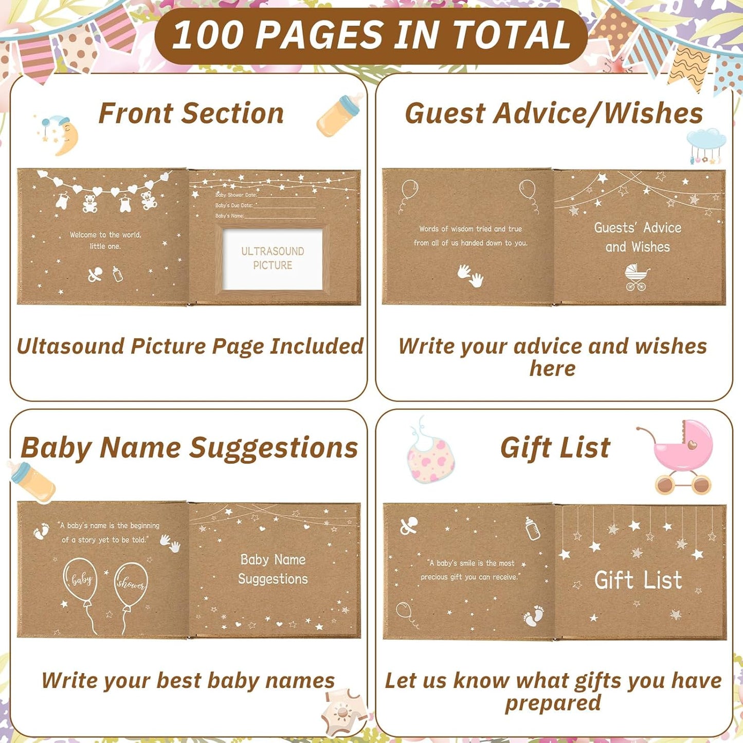 Fuyoooo 27 Pcs Safari Animal Baby Shower Guest Book Set Baby Shower Sign in Guest Floral Book Place Table Cards with Gold Pen Adhesive Photo Corner for Birthday Party