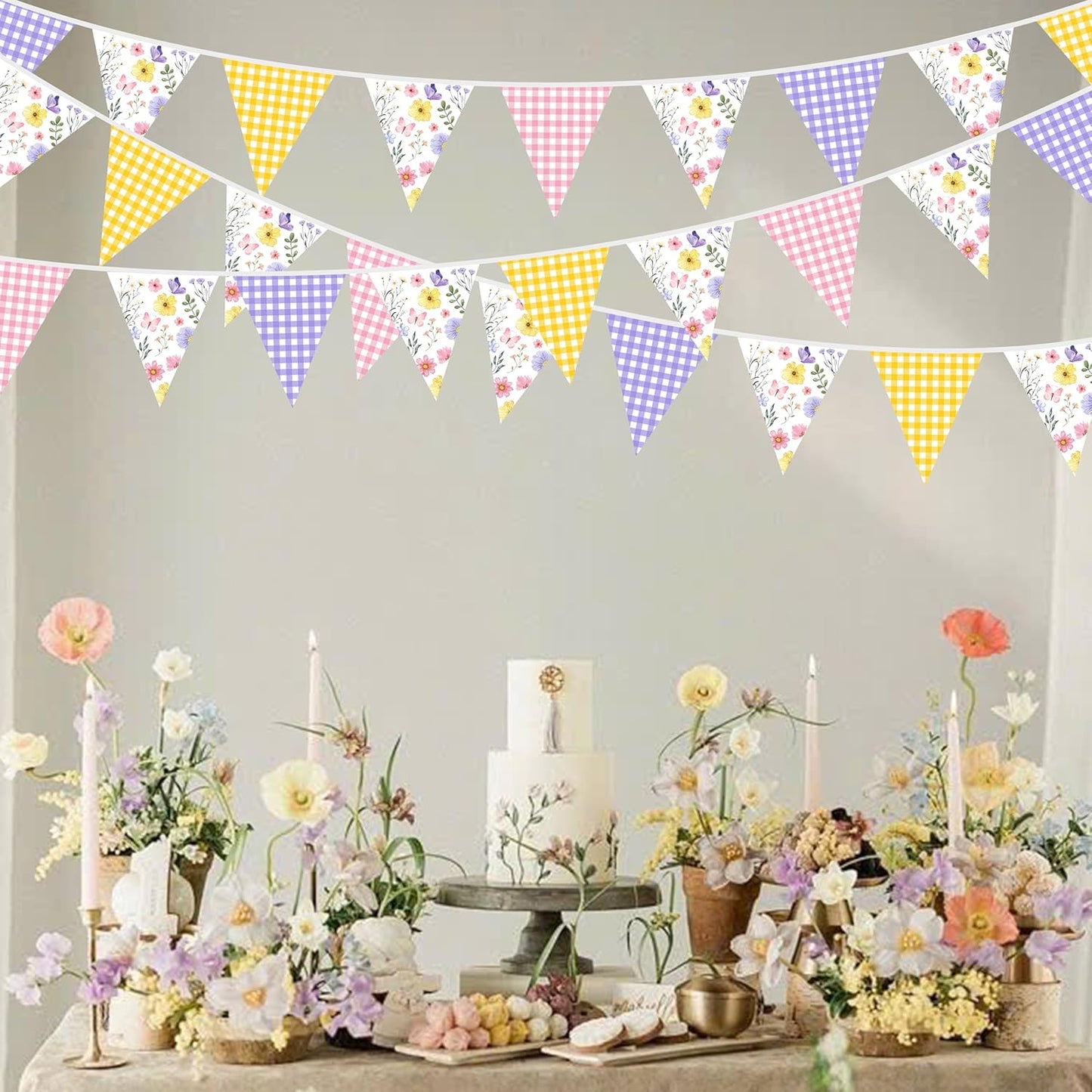 32Ft Dusty Blue Party Decorations Retro Blue Gingham Triangle Banner Flag Pennant Fabric Garland Streamers for Nautical Wedding Birthday Ahoy Achor Bridal Baby Shower Under The Sea Decor Supplies