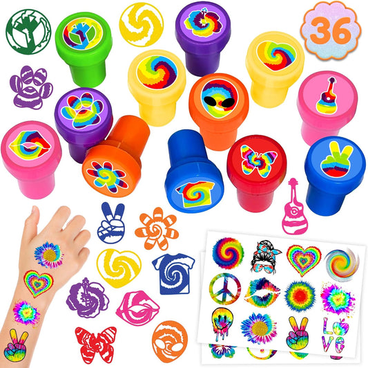 36PCS Tie Dye Party Favors - 24PCS Temporary Tattoos & 12PCS Stamps - Ideal Multicolor Themed Birthday Card Decorations Supplies Goodie Bag Cute Rewards for Boys Girls Classroom Gifts Baby Shower