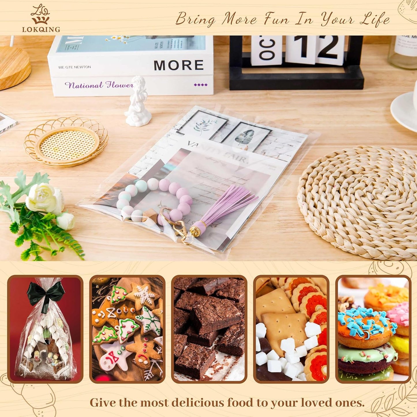 LOKQING Clear Cellophane Treat Bags 6 x 10 in, 100 Pack Mothers Day Gift Bags with Twist Ties, Bags for Cookies, Candy, Party Favors, Bakery Packaging and Small Gifts
