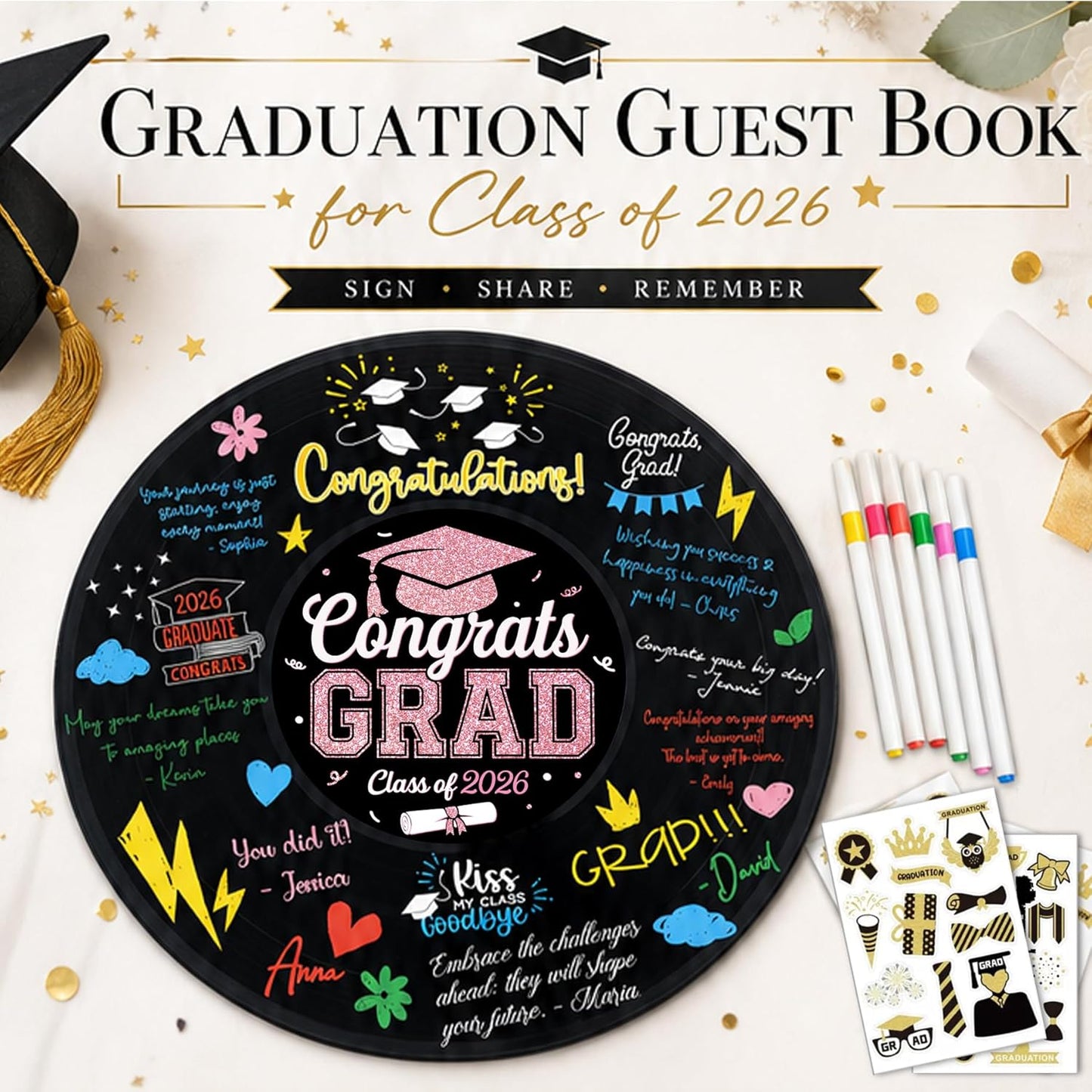 2026 Graduation Party Vinyl Record Alternative Guest Book, Black and Rosegold Class of 2026 Congrats Grad Graduation Decorations Signature Guest Book