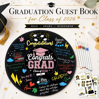 2026 Graduation Party Vinyl Record Alternative Guest Book, Black and Rosegold Class of 2026 Congrats Grad Graduation Decorations Signature Guest Book