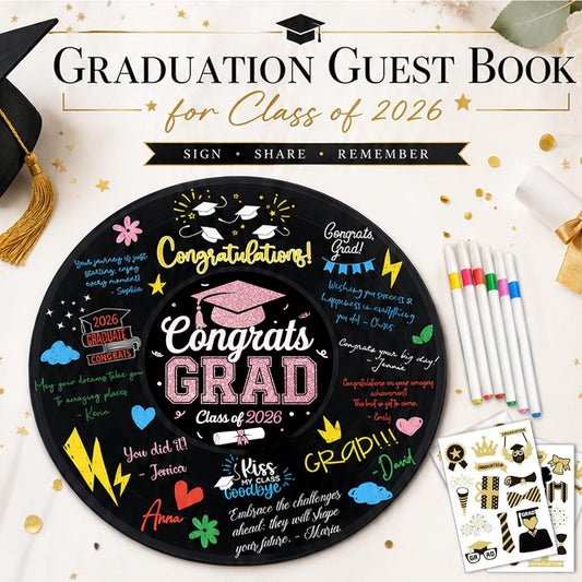 2026 Graduation Party Vinyl Record Alternative Guest Book, Black and Rosegold Class of 2026 Congrats Grad Graduation Decorations Signature Guest Book