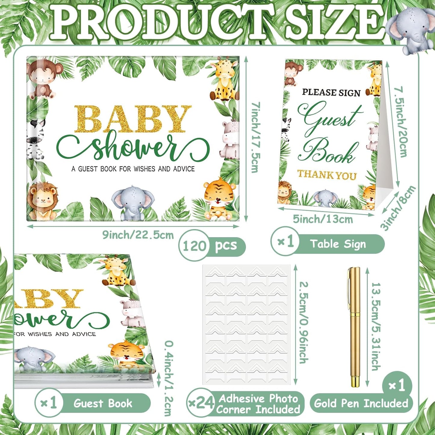 Fuyoooo 27 Pcs Safari Animal Baby Shower Guest Book Set Baby Shower Sign in Guest Floral Book Place Table Cards with Gold Pen Adhesive Photo Corner for Birthday Party