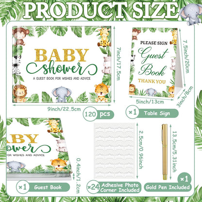 Fuyoooo 27 Pcs Safari Animal Baby Shower Guest Book Set Baby Shower Sign in Guest Floral Book Place Table Cards with Gold Pen Adhesive Photo Corner for Birthday Party